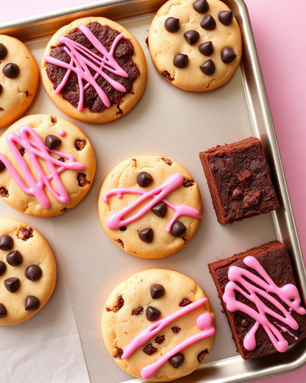 Tray of hand-decorated cookies and brownies with pink icing drizzle
